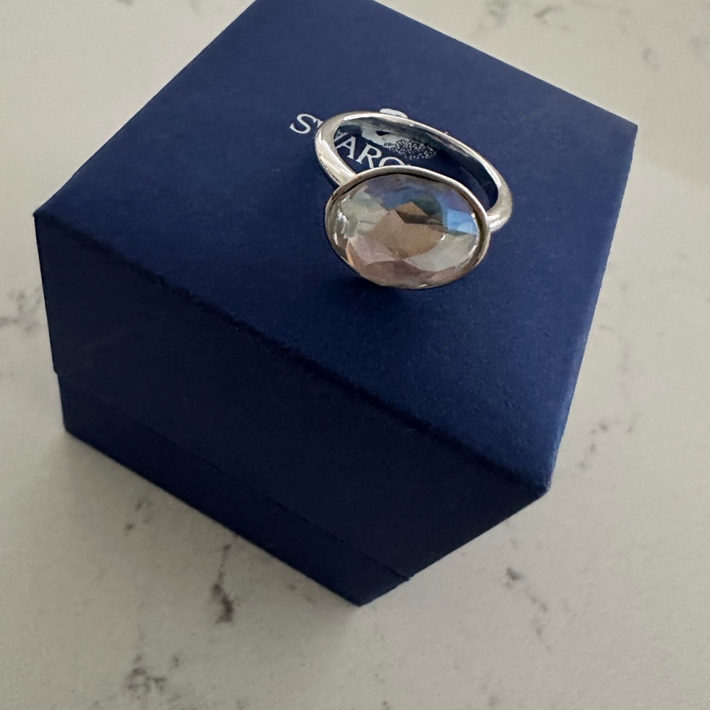 SWAROVSKI CRYSTAL SILVER RING TRANSLUCENT AQUAMARINE CLEAR OVAL GORGEOUS NEW